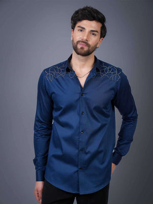 Navy Sequin Cotton Satin Slim Fit Shirt