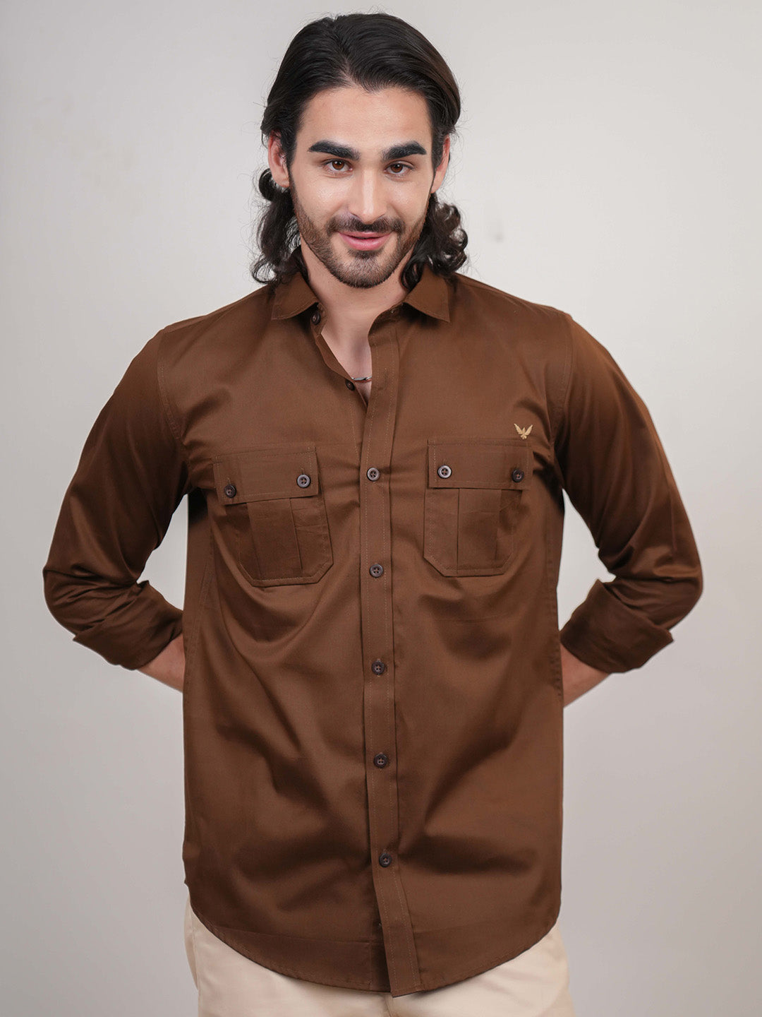 Brown Solid Cotton Twill Slim Fit Shirt