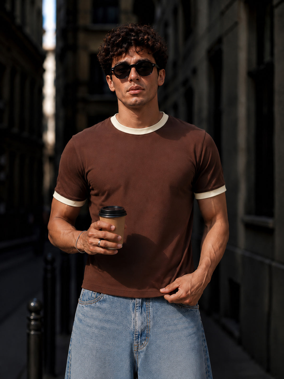 Brown Cotton Half Sleeve Regular Fit Ringer Tshirt