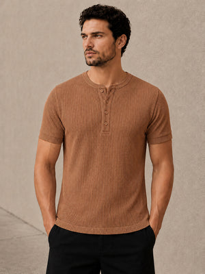 Brown Waffle Knit Half Sleeve Henley Tshirt For Men