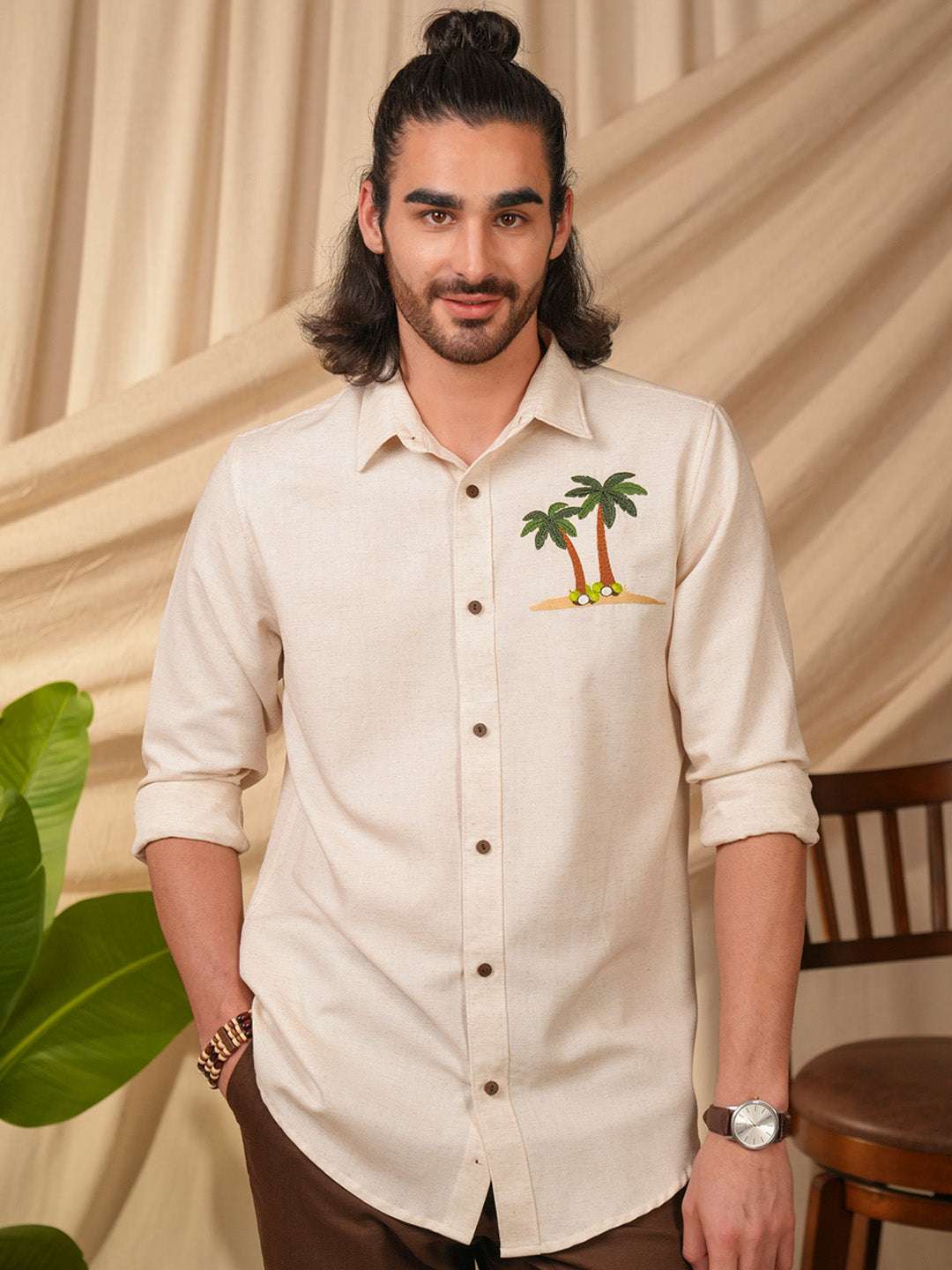 Beige Natural Grains Coconut Tree Embroidery Linen Cotton Shirt