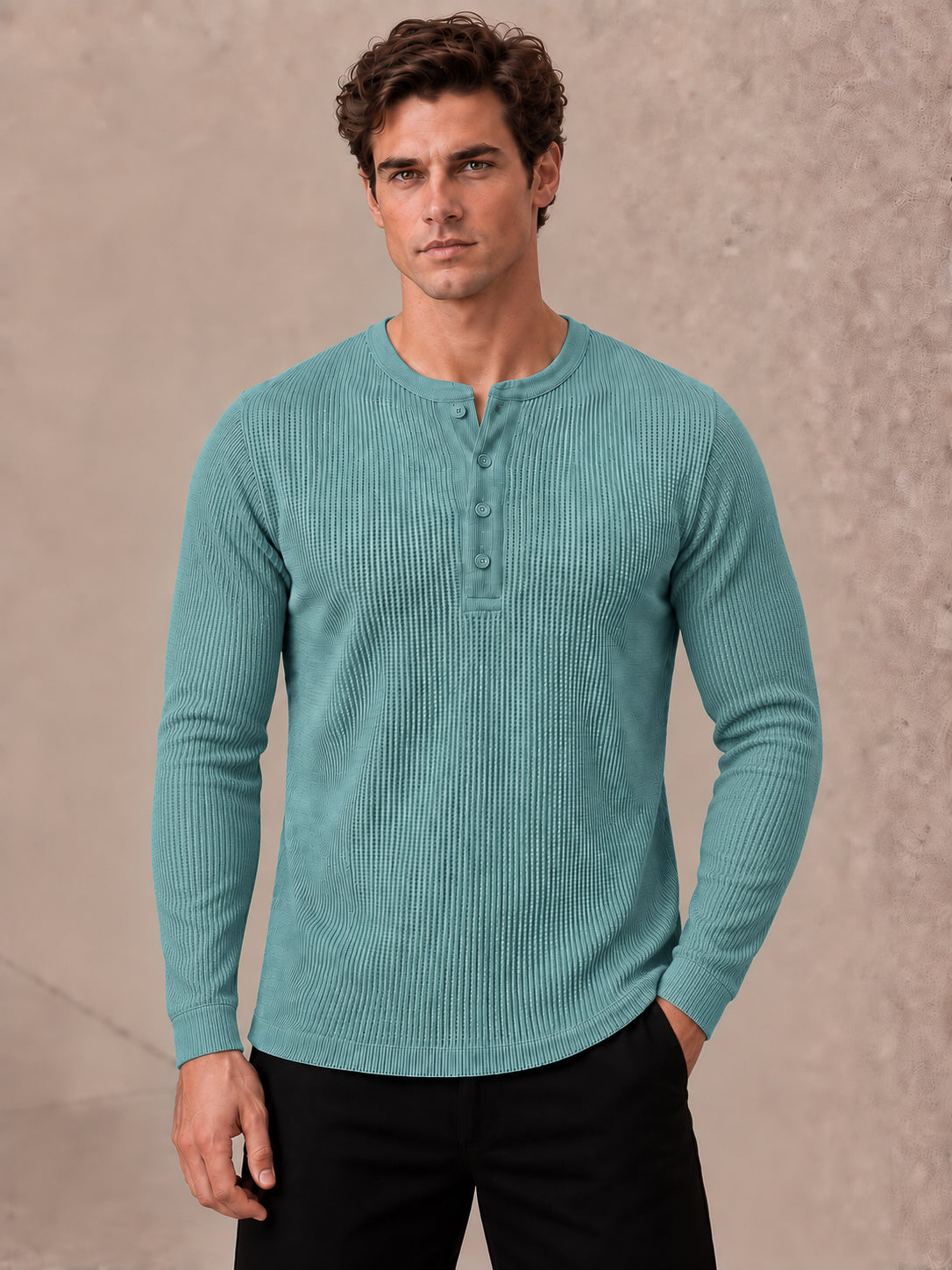 Aqua Blue Knit Full Sleeve Henley Tshirt For Men