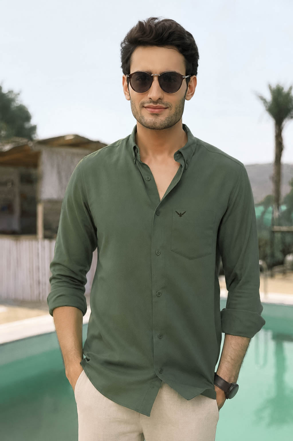 Moss Green Pre-Washed Linen Cotton Shirt