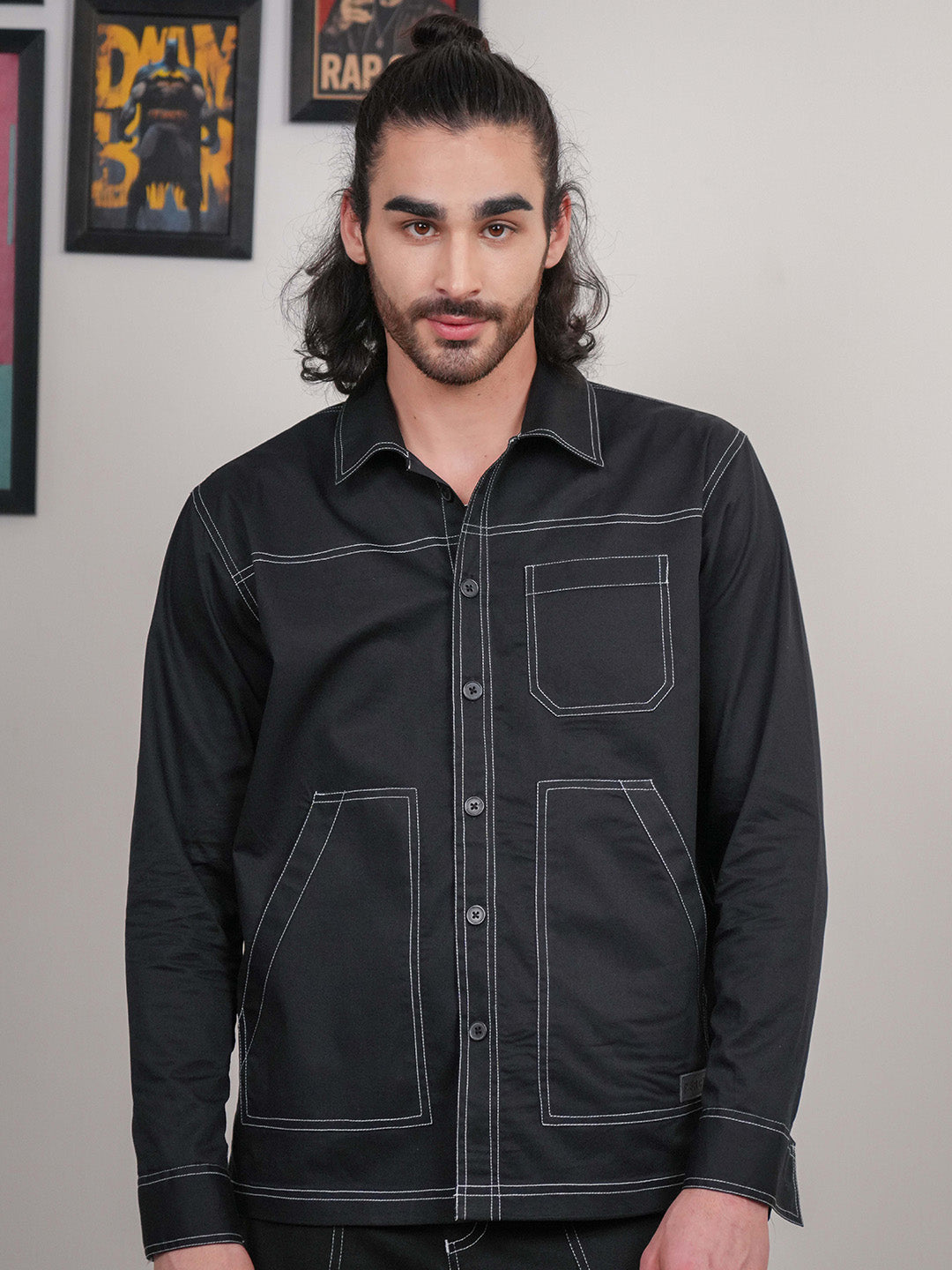 Black Solid Heavy Cotton Twill Boxy Fit Shirt For Men