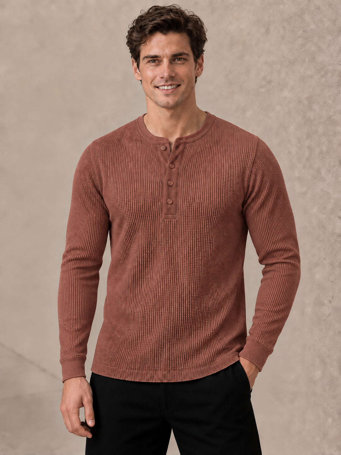 Rust Waffle Knit Full Sleeve Henley Tshirt For Men