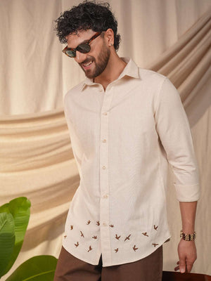 Beige Natural Grains Birds Flock Embroidery Linen Cotton Shirt