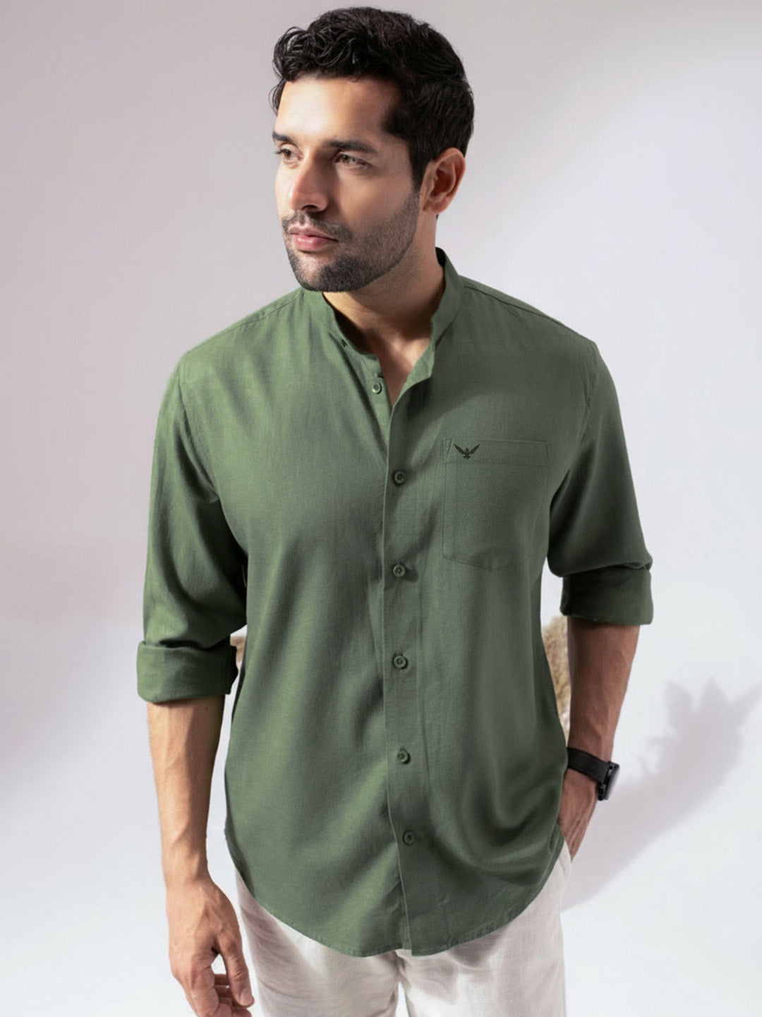 Green Band Collar Linen Blend Shirt