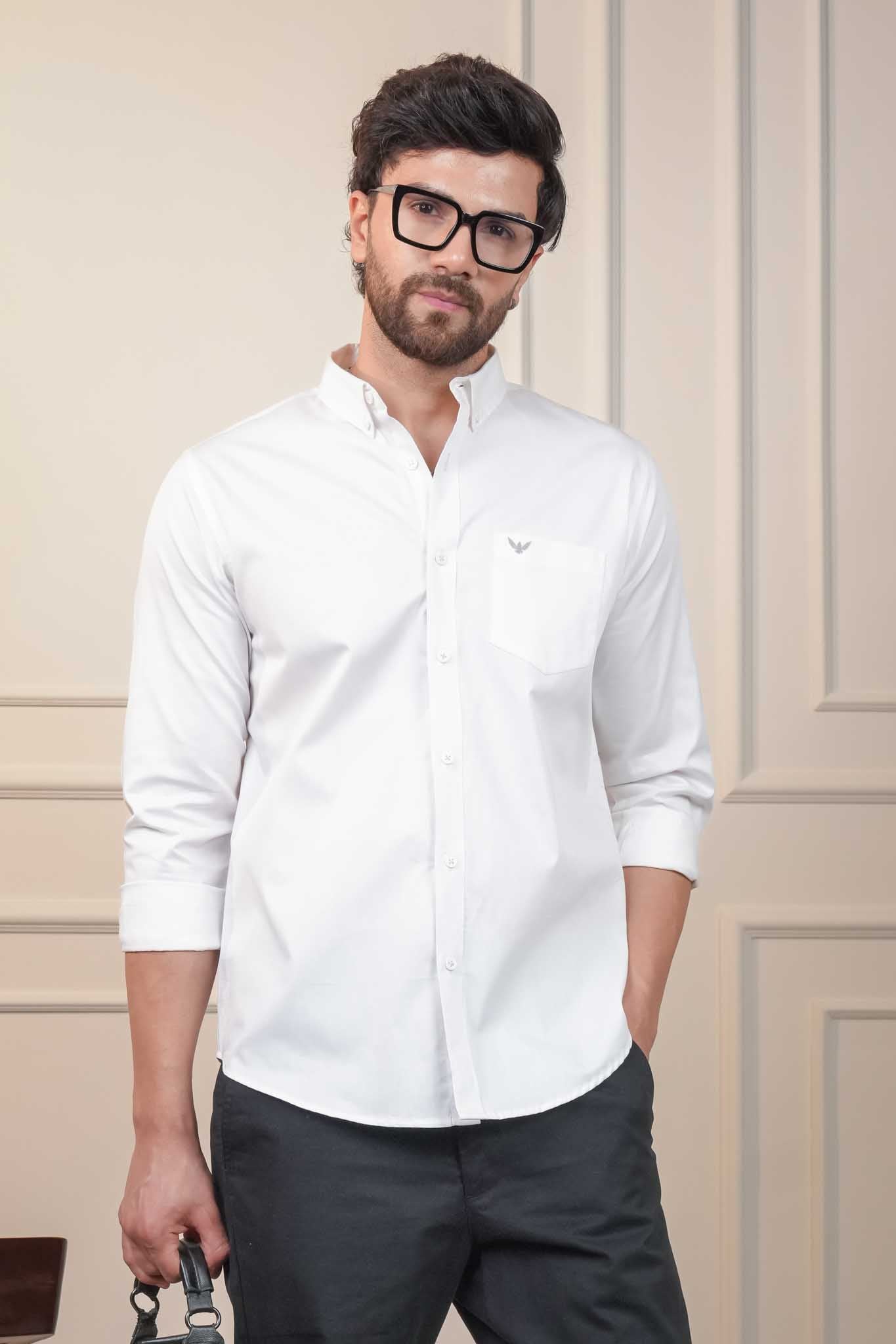 White Solid Cotton Twill  Slim Fit Shirt