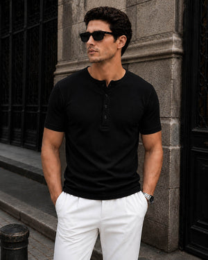Black Waffle Henley Half Sleeve T-Shirt