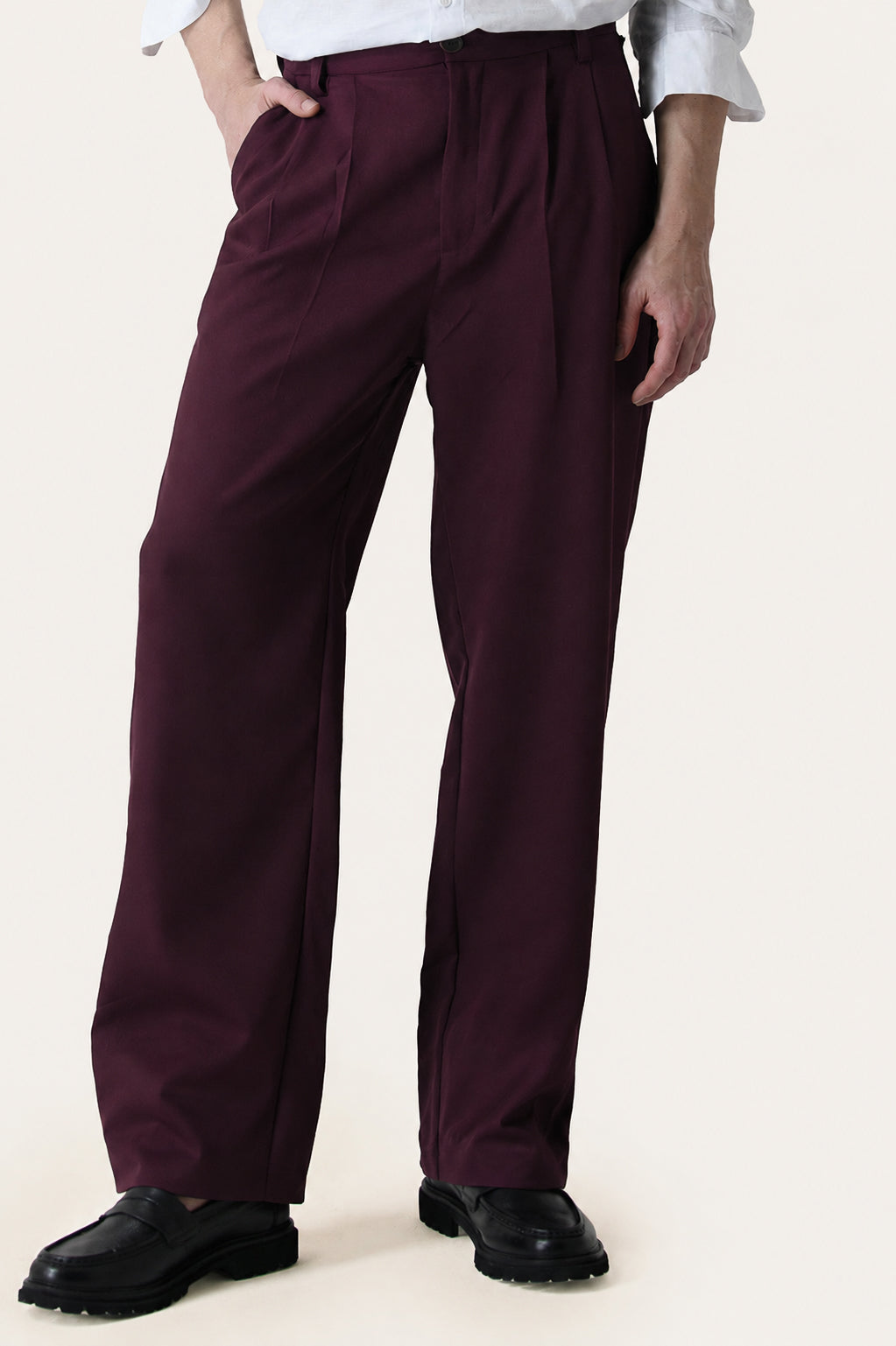 Wine Solid Pleated Korean Pants