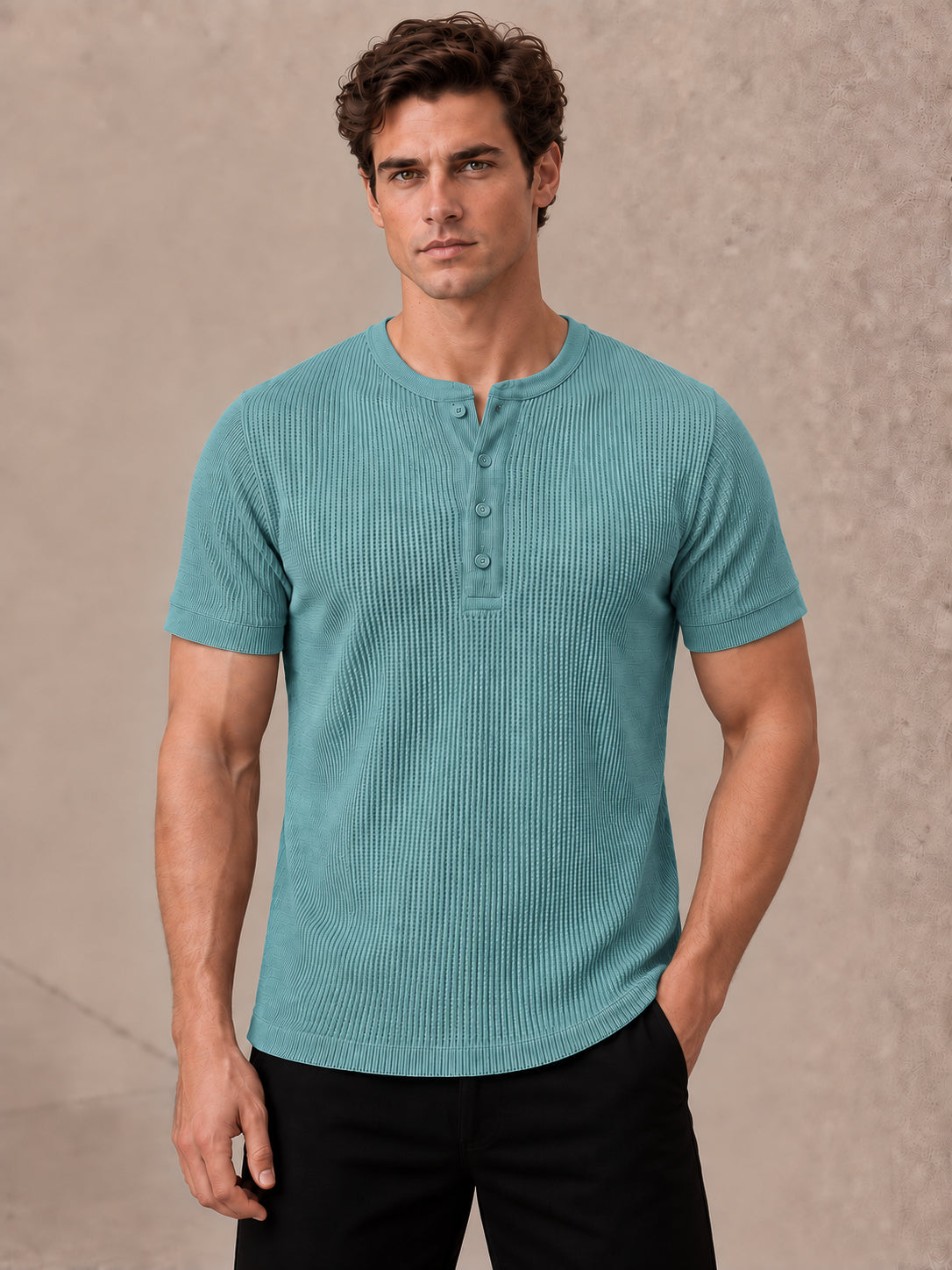 Aqua Blue Waffle Knit Half Sleeve Henley Tshirt For Men