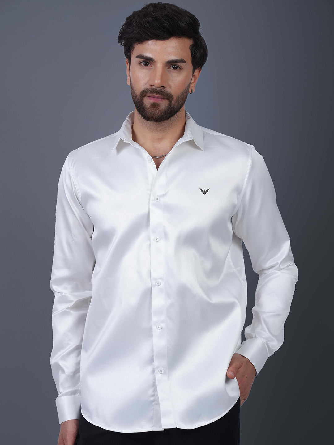 White Solid Cotton Satin Slim Fit Shirt