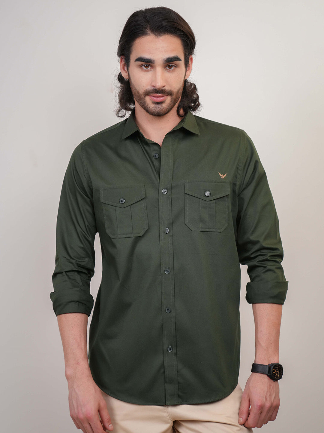 English Green Solid Cotton Twill  Slim Fit Shirt