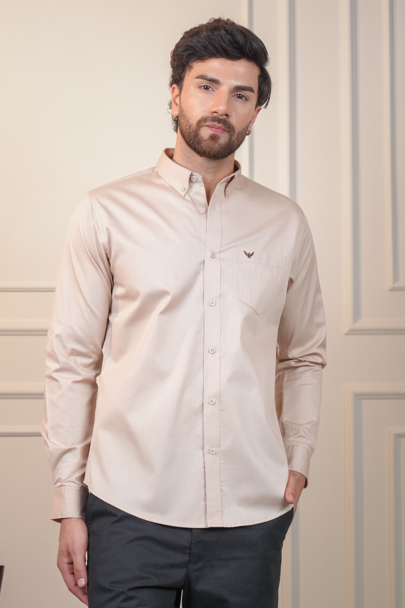 Earthy Beige Solid Cotton Twill Slim Fit Shirt