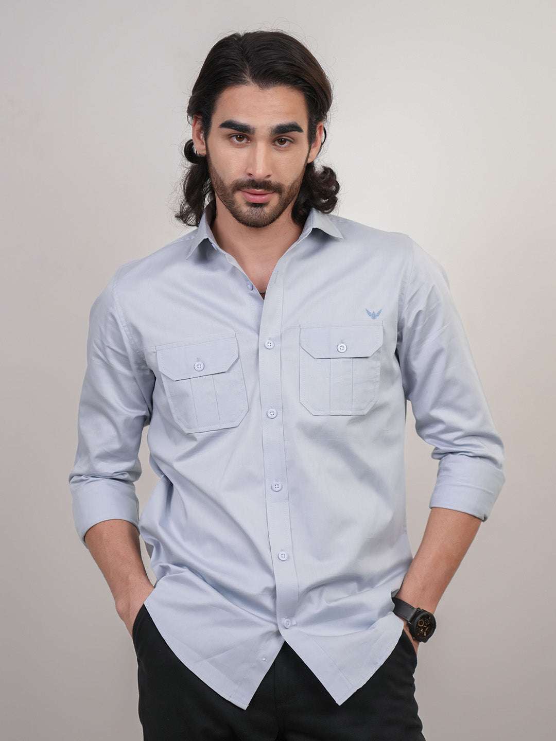 Shadow Blue Solid Cotton Twill Slim Fit Shirt