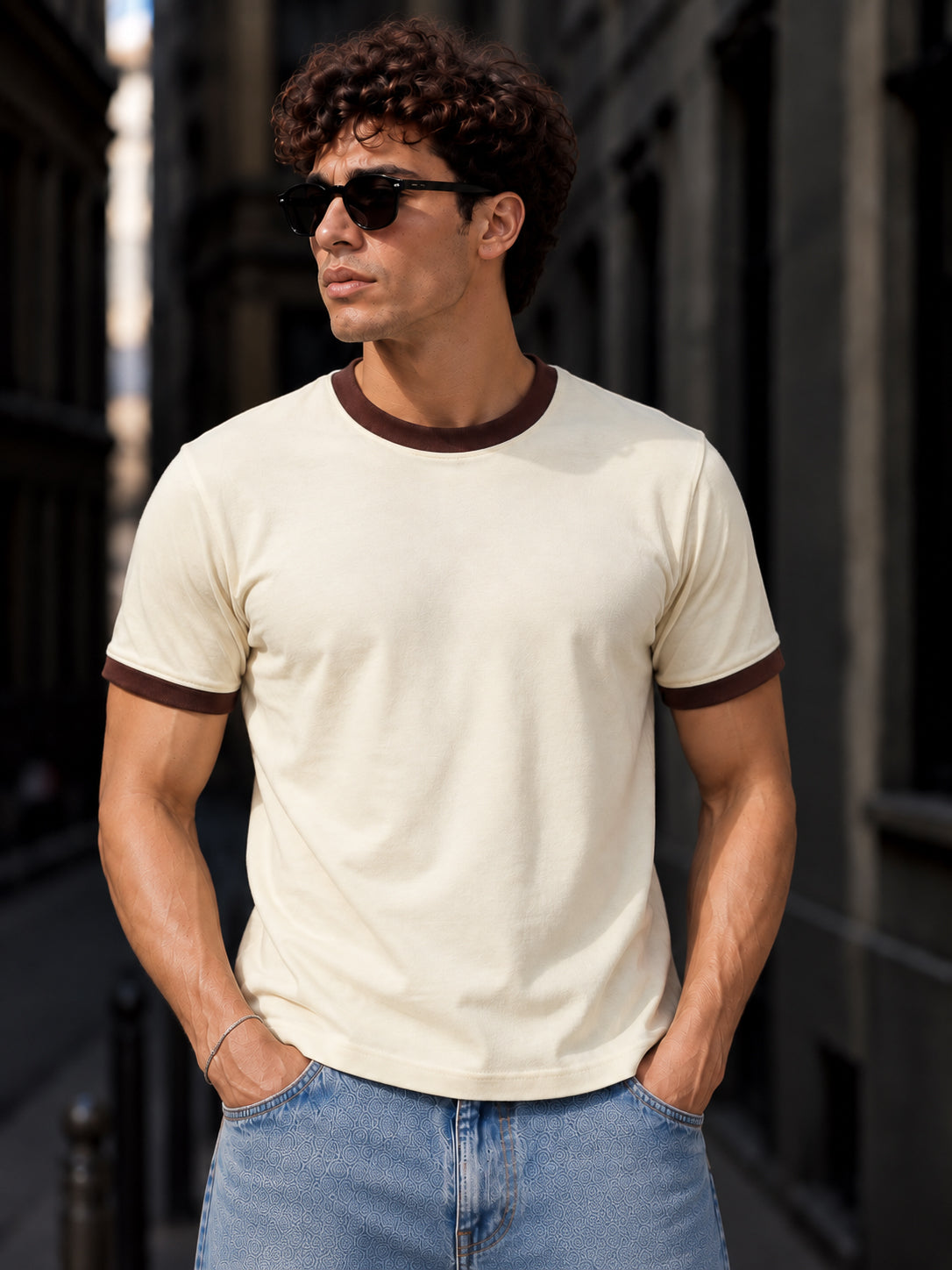 Cream Cotton Half Sleeve Regular Fit Ringer Tshirt