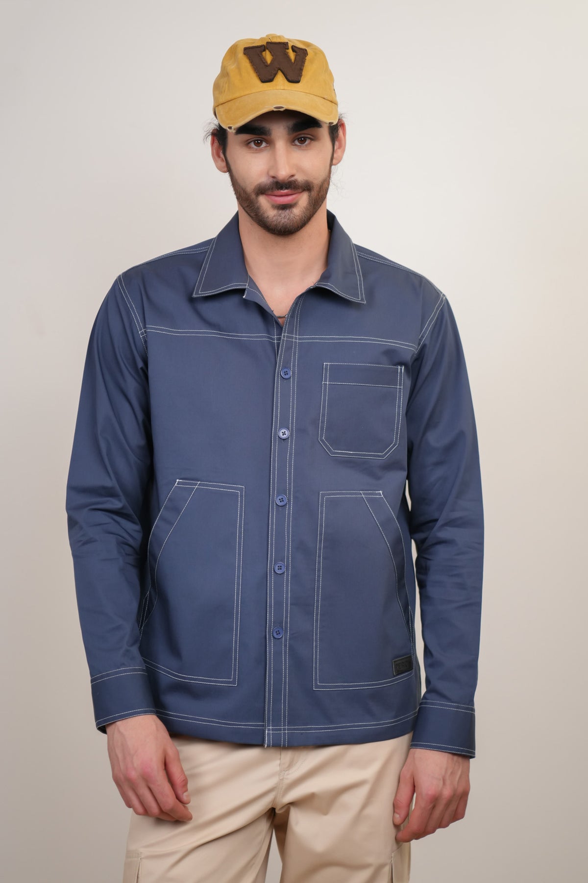Slate Blue Solid Heavy Cotton Twill Boxy Fit Shirt For Men