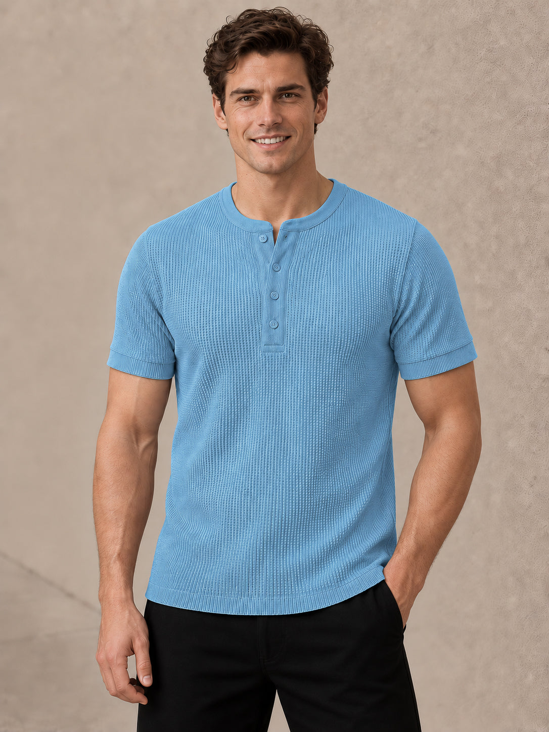 Sky Blue Waffle Knit Half Sleeve Henley Tshirt For Men