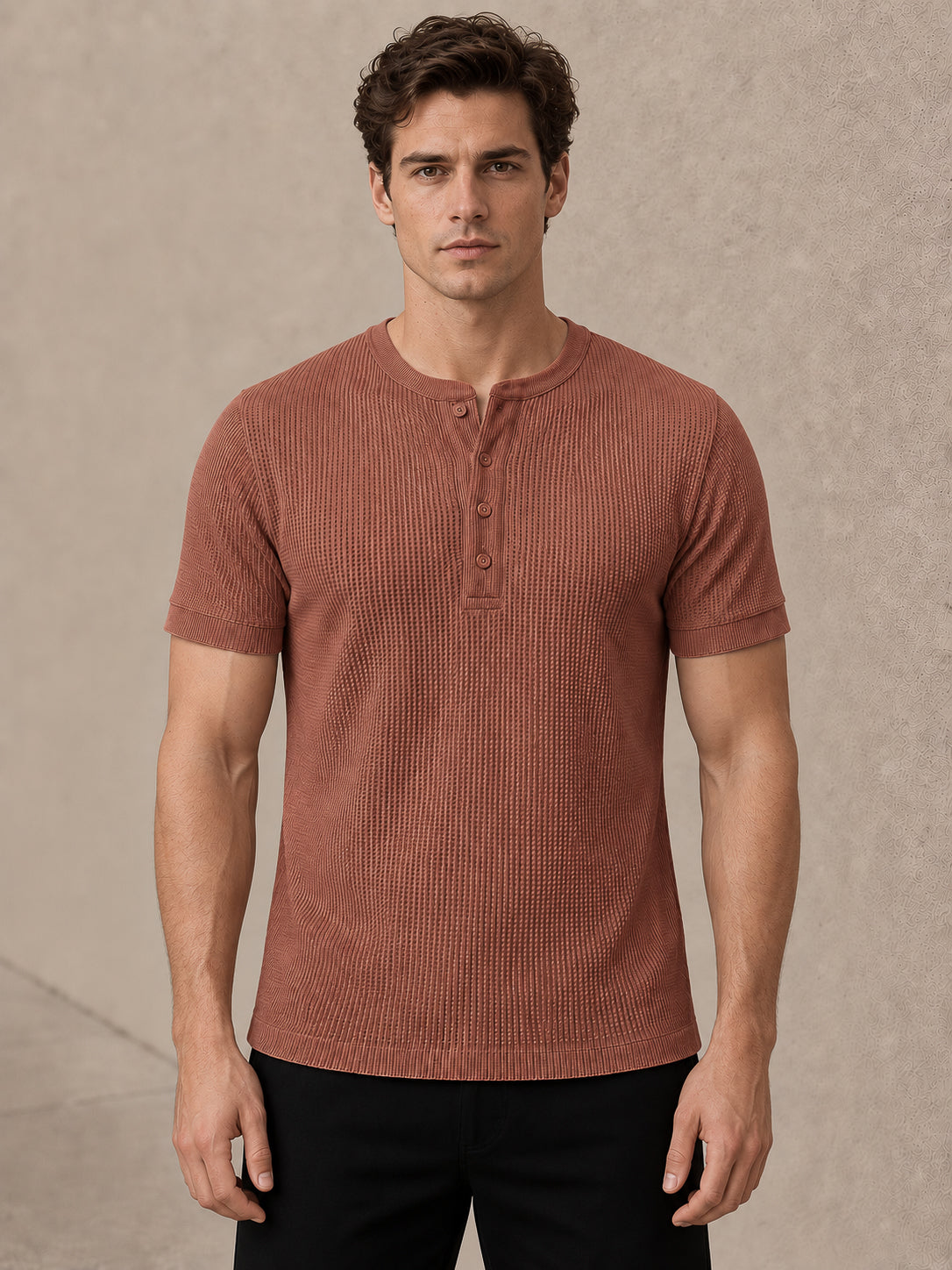 Rust Waffle Knit Half Sleeve Henley Tshirt For Men