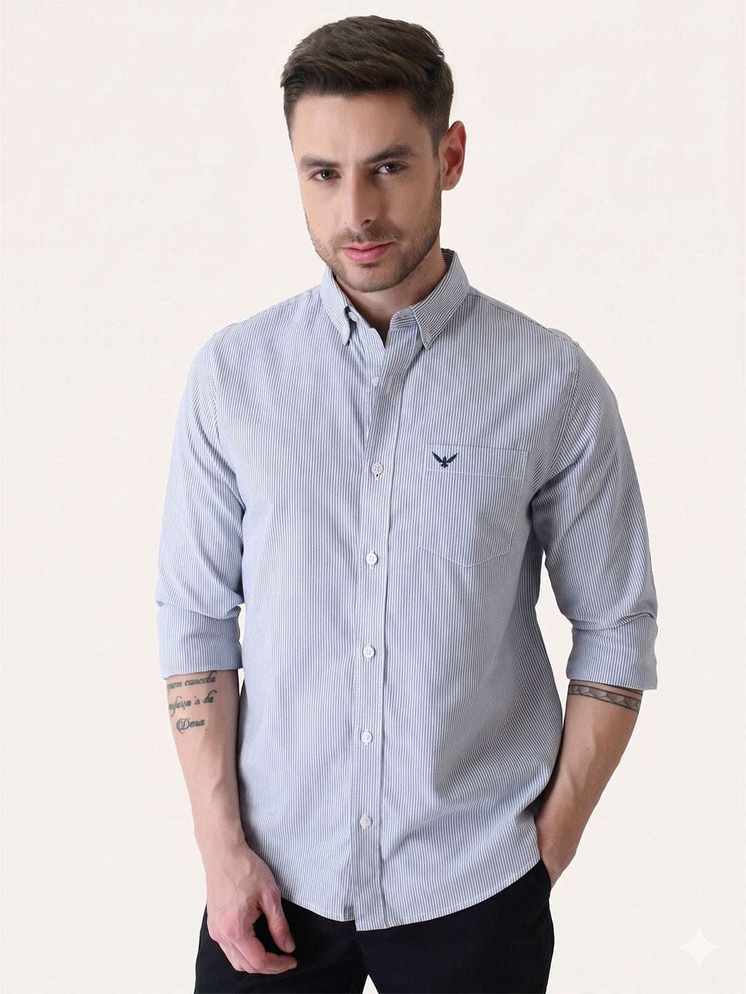 Navy Blue Striped Slim Fit Cotton Shirt