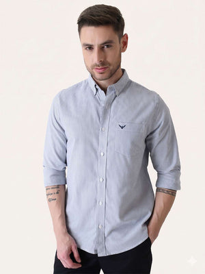 Navy Blue Striped Slim Fit Cotton Shirt