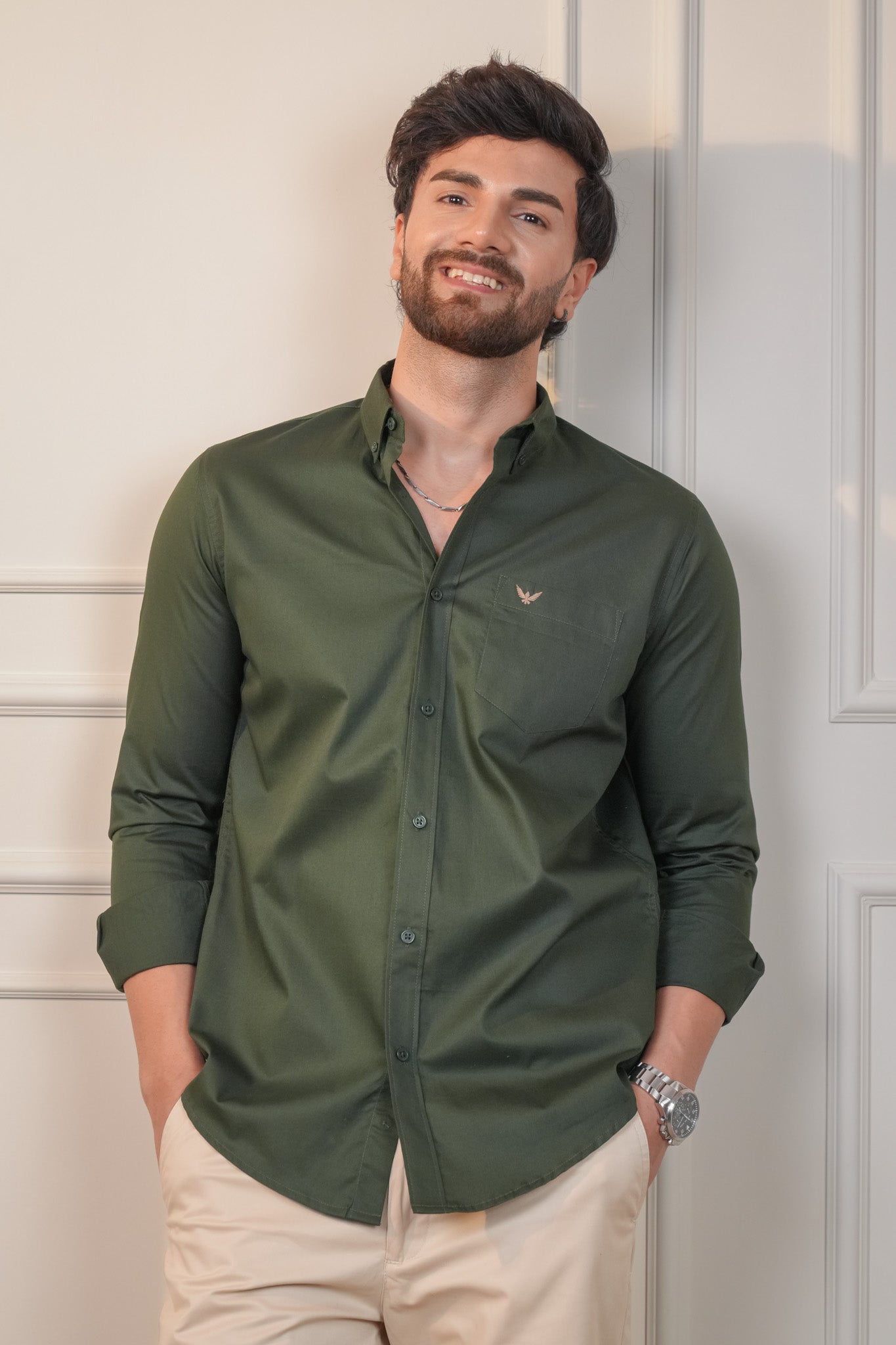 English Green Solid Cotton Twill  Slim Fit Shirt