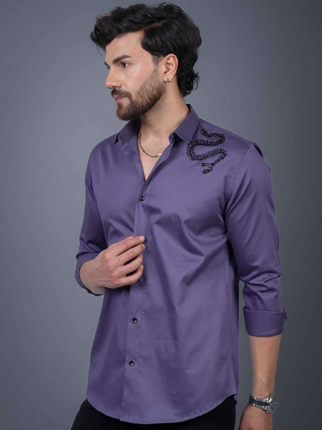 Purple Sequin Cotton Satin Slim Fit Shirt
