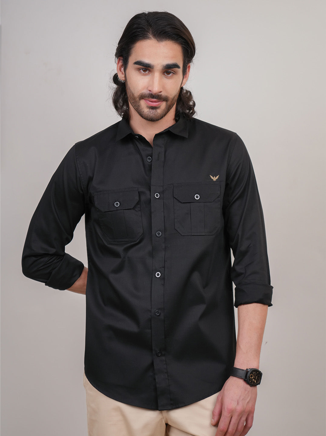 Black Solid Cotton Twill Slim Fit Shirt