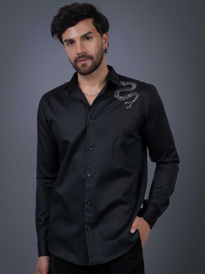 Black Sequin Cotton Satin Slim Fit Shirt