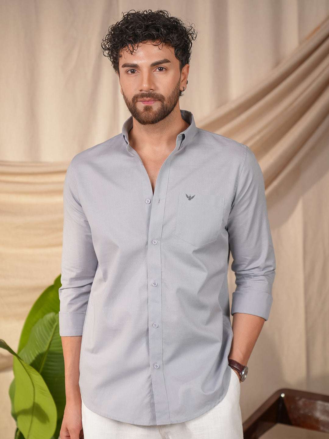 Light Gray Solid Pre-Washed Linen Cotton Slim Fit Shirt