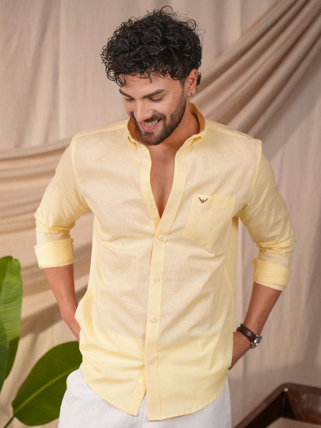 Light Yellow Solid Pre-Washed Linen Cotton Slim Fit Shirt