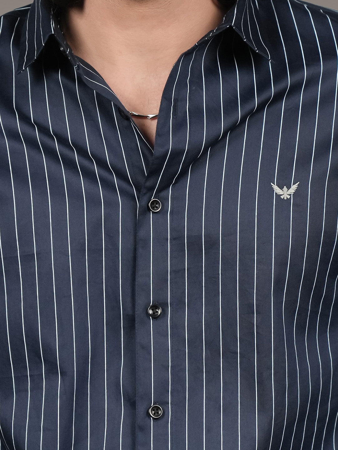 Navy Cotton Satin Slim Fit Striped Casual Shirt for Men