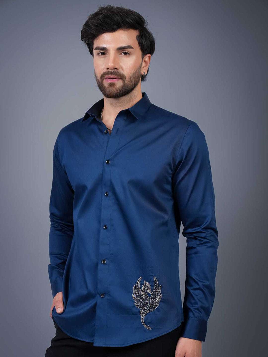 Navy Sequin Cotton Satin Slim Fit Shirt