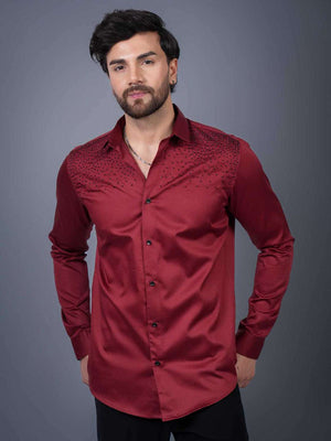 Intense Red Sequin Cotton Satin Slim Fit Shirt
