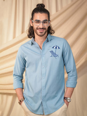 Aqua Blue Beach Chair Embroidery Linen Cotton Shirt
