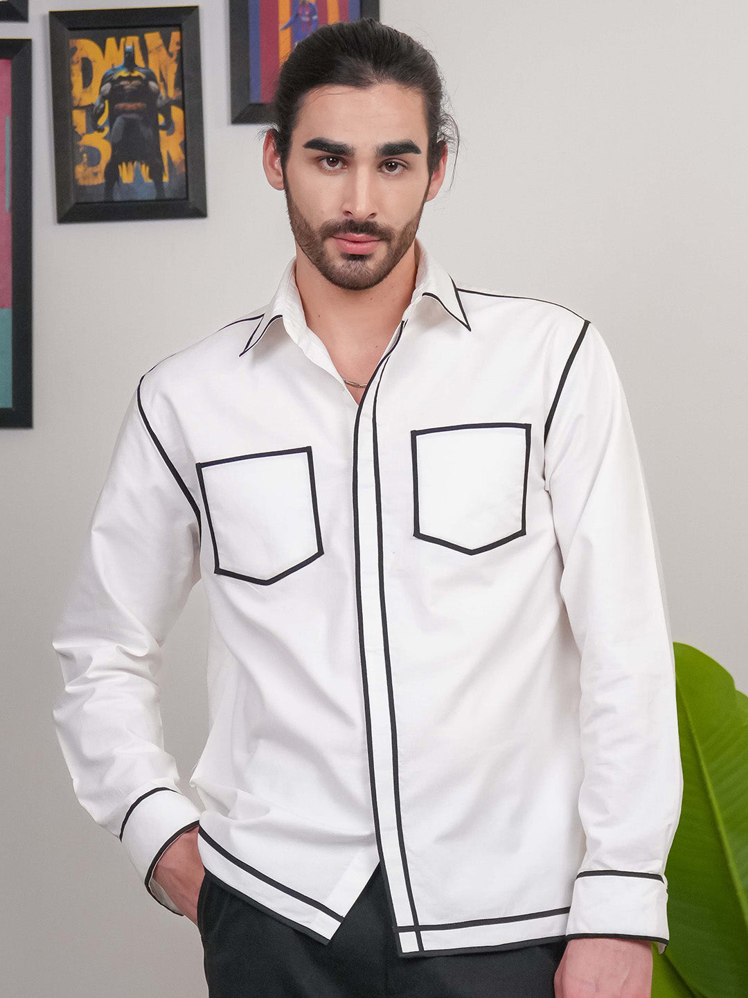 White Colour blocked Heavy Cotton Twill Boxy Fit Shirt For Men