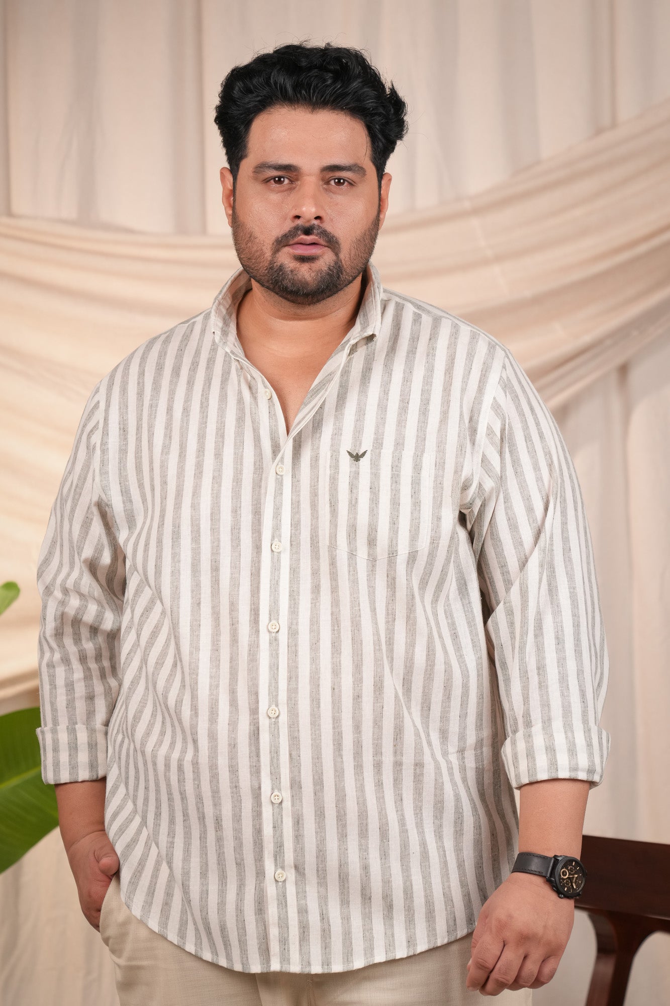 Sage Green Stripes Pre-Washed Linen Cotton Regular Plus Size Shirt