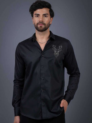 Black Sequin Cotton Satin Slim Fit Shirt
