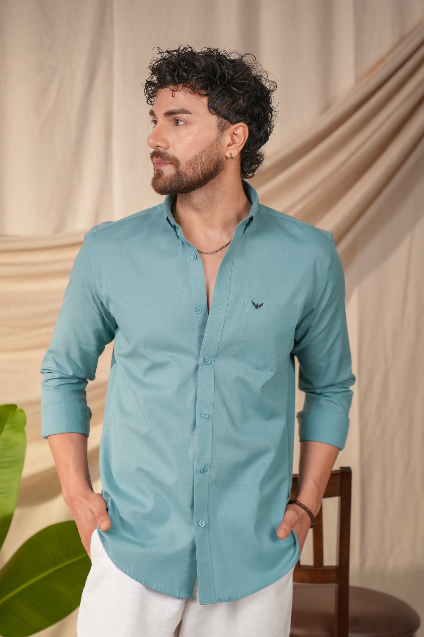 Turqoise Blue Solid Pre-Washed Linen Cotton Slim Fit Shirt