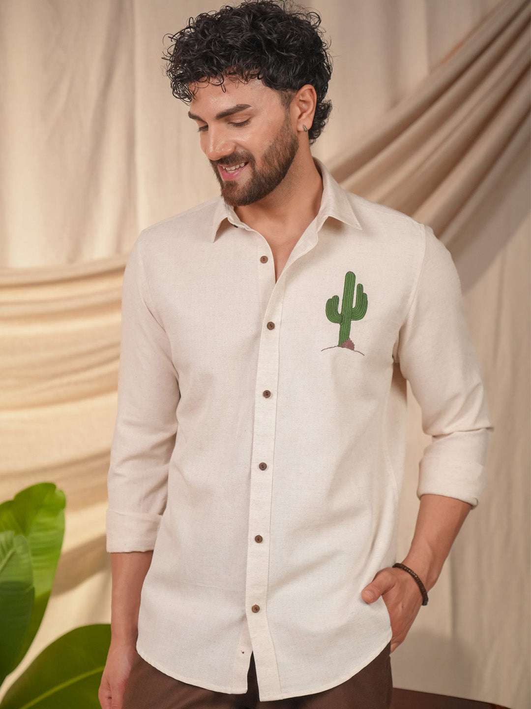 Beige Natural Grains Cactus Embroidery Linen Cotton Shirt