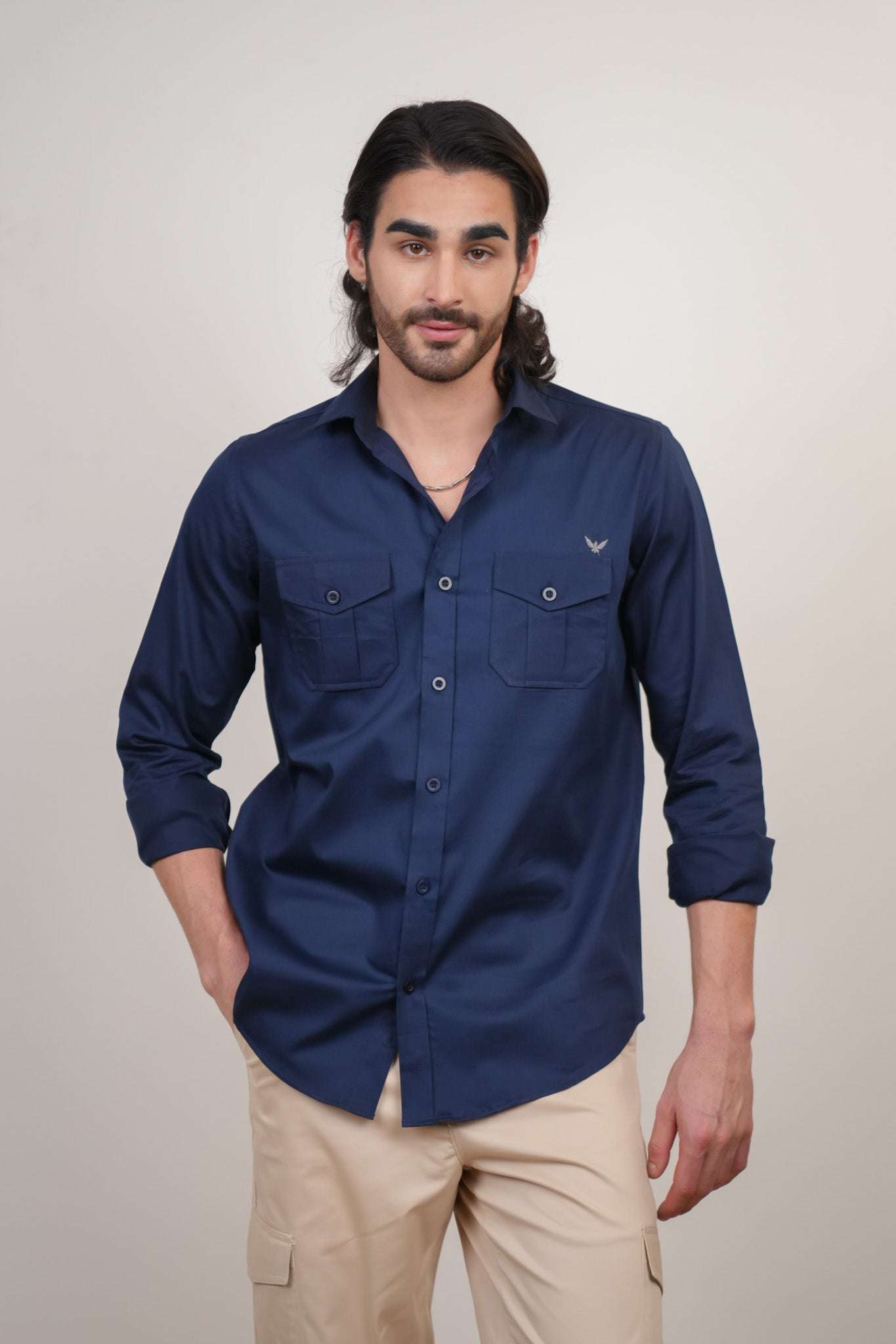 Navy Solid Cotton Twill Slim Fit Shirt