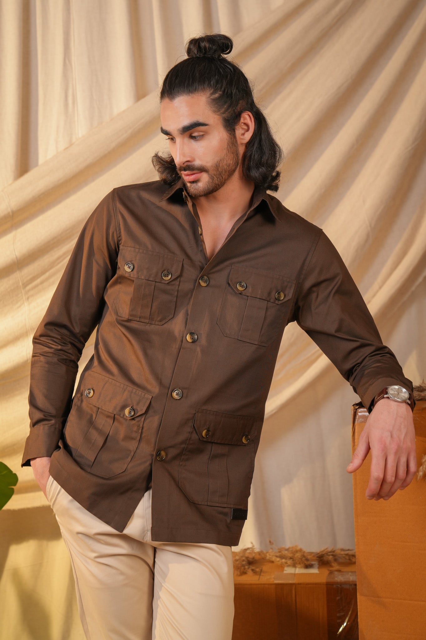 Brown Solid Heavy Cotton Twill Regular Fit Shirt For Men