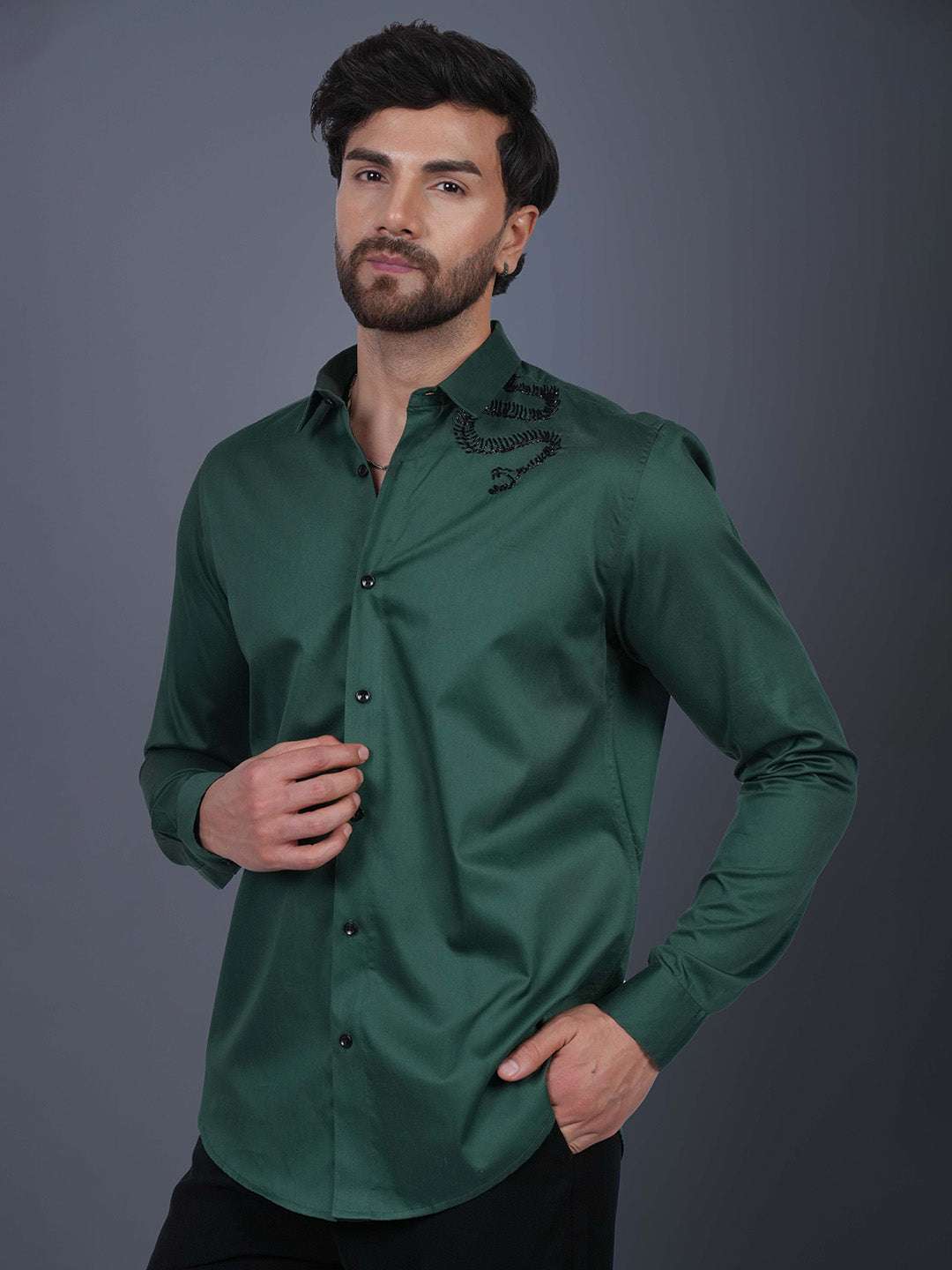 English Green Sequin Cotton Satin Slim Fit Shirt