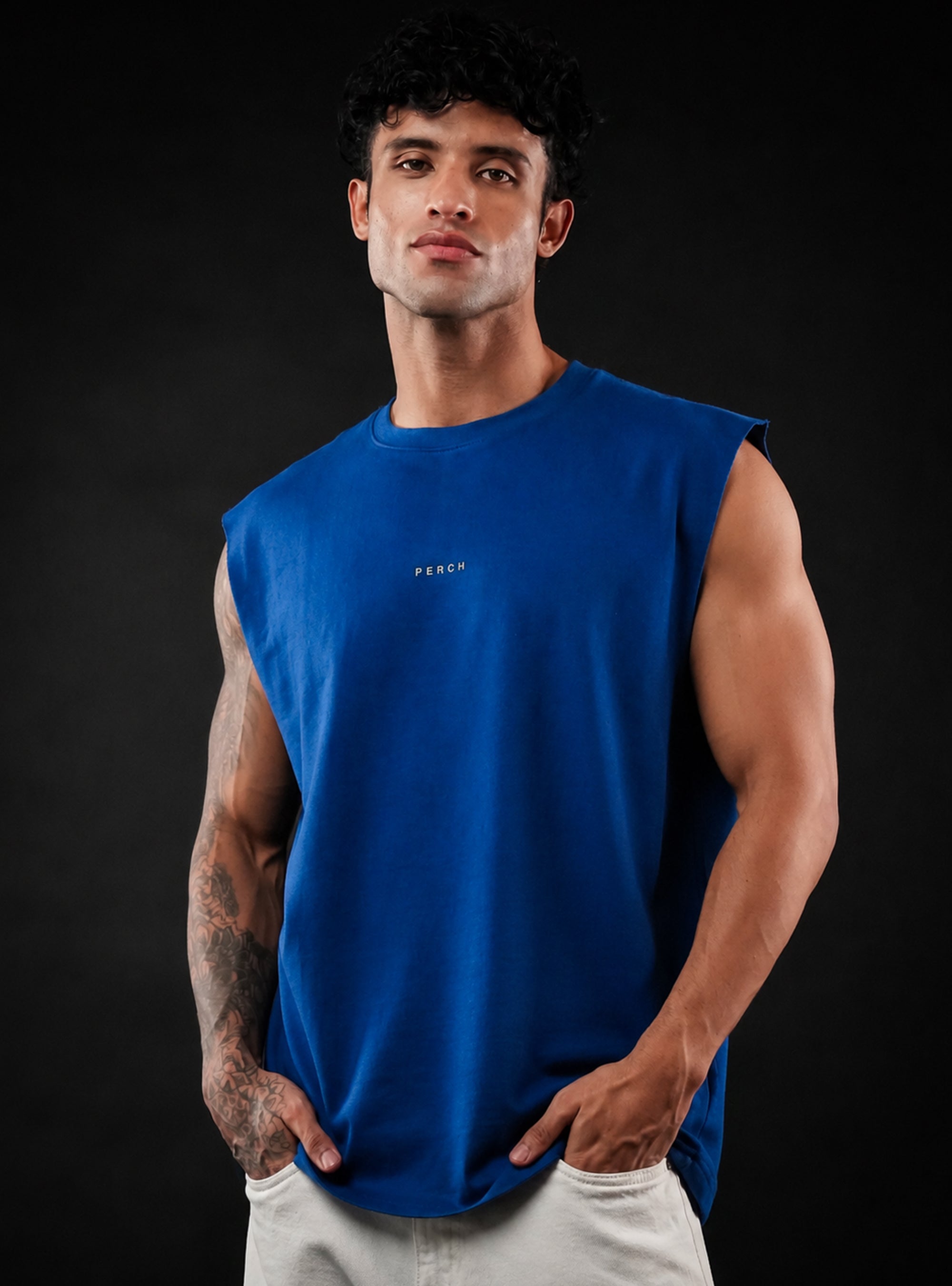 Royal Blue Oversized Sleeveless Cotton Solid Tank Tshirt for Men & Women