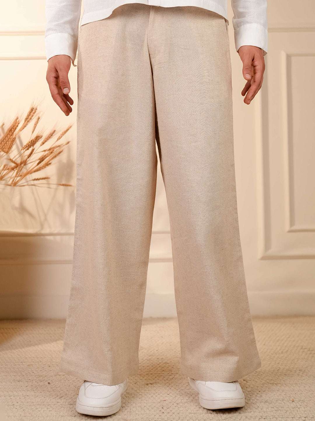 Natural Grain Beige Solid Linen Cotton Relaxed Fit Pants