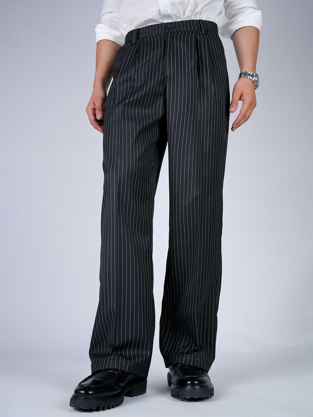 Black Striped Viscose Relaxed Fit Korean Pant
