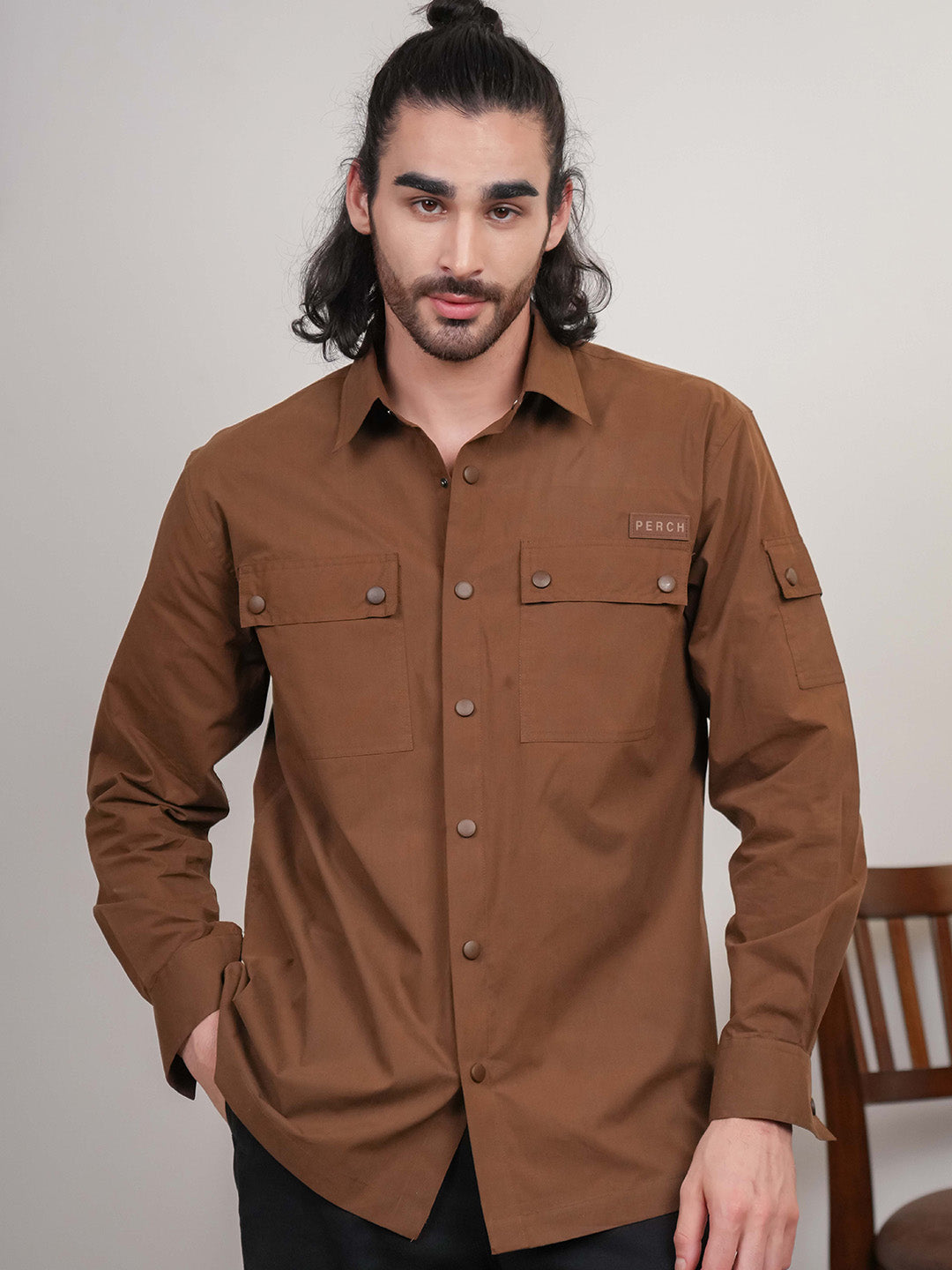 Brown Solid Heavy Cotton Poplin Snap button Boxy Fit Shirt