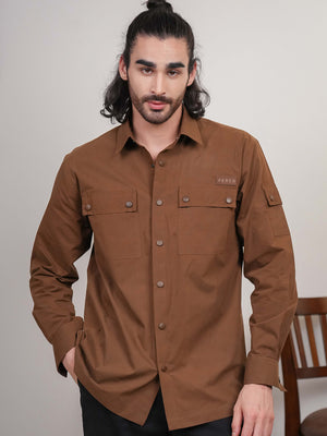Brown Solid Heavy Cotton Poplin Snap button Boxy Fit Shirt