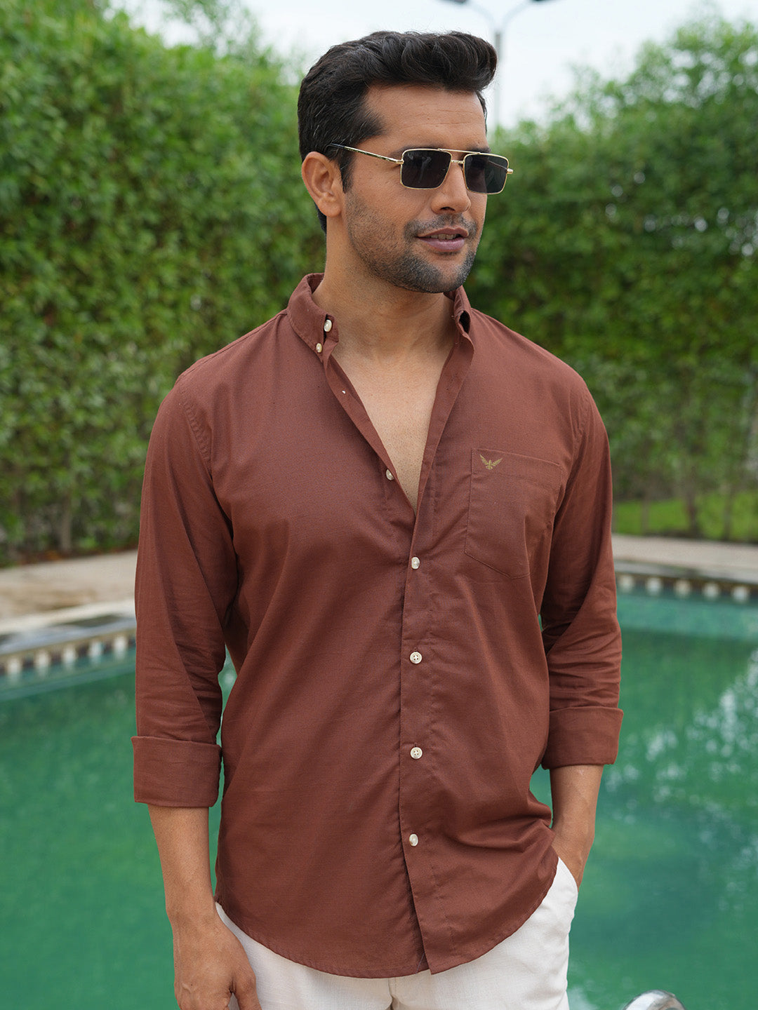 Rust Solid Pre-Washed Slim Fit Linen Cotton Shirt