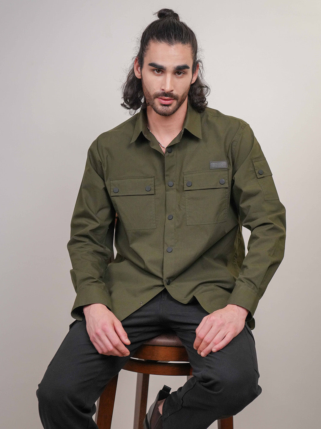 Olive Green Solid Heavy Cotton Poplin Boxy Fit Shirt